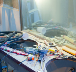home improvement  messy clutter with dusted tools