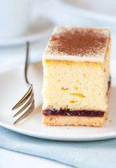 Piece of cheesecake with white chocolate and cocoa