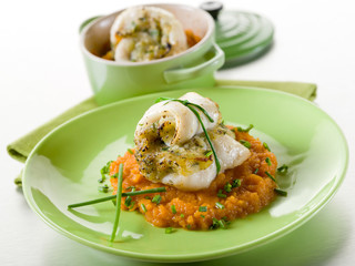 cod fillet stuffed with herbs over mashed carrot,heatlhy food