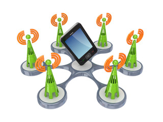 Cell towers around modern  mobole phone.