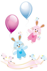 Obraz na płótnie Canvas Cute rabbits with balloons and birds