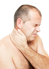 Naked man with neck pain