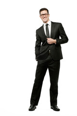Handsome businessman in black suit on white.