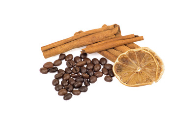 coffee beans, cinnamon and lemon