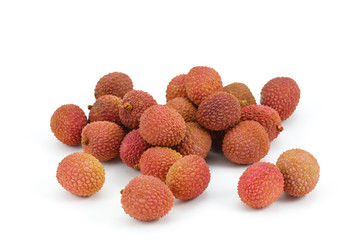 Pile of ripe lychee fruit on white background, isolated