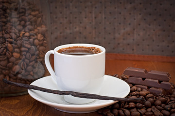 cup of coffee, vanilla bean and chocolate