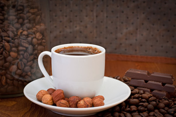 cup of coffee, hazelnut and chocolate