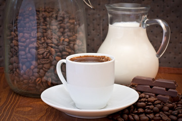 cup of coffee, milk and chocolate