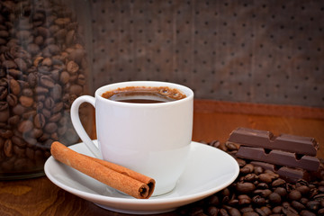 cup of coffee, cinnamon and chocolate