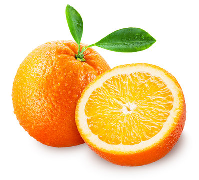 Sliced orange fruit with leaves isolated on white background + c