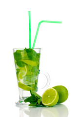 Glass of cocktail with lime and mint isolated on white