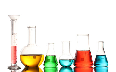 Different laboratory glassware with color liquid and with
