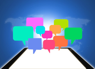 Word bubble and world map on black tablet