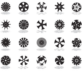 black silhouettes of disk-shaped icons