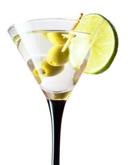 martini with lime and green olives on a white  background.