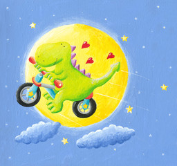 Fototapeta premium Cute dragon in love flying on a bicycle to the moon