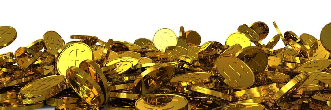 Falling Gold Dollar Coins. 3D Rendering