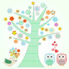 owl in love and bird with flowers textile stickers Vector