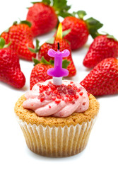 strawberry cupcake with candle