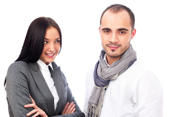 Young smiling business woman and business man isolated