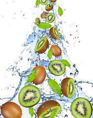 Fototapeta na wymiar Fresh kiwi in water splash, isolated on white background