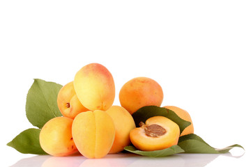 apricots with leaves isolated on white