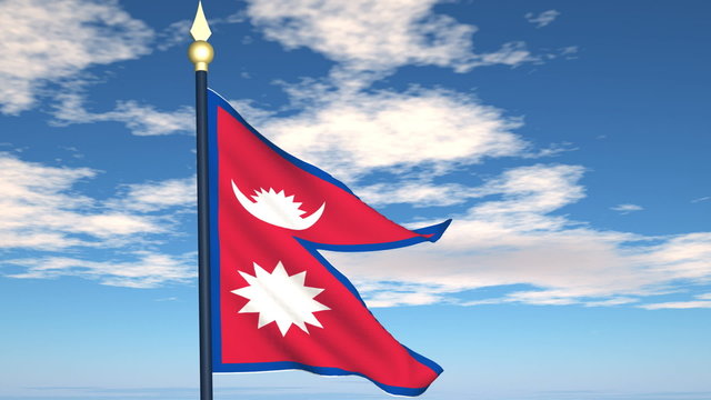 Flag Of Nepal on the background of the sky and flying clouds.