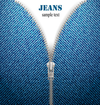 Closeup Of Zipper In Blue Jeans Background. Vector.