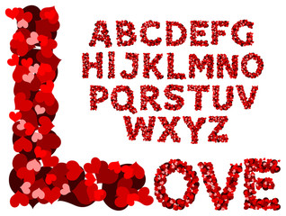 Vector red hearts alphabet on a white background
