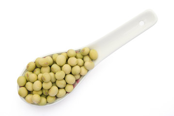dry mung beans on a spoon on white