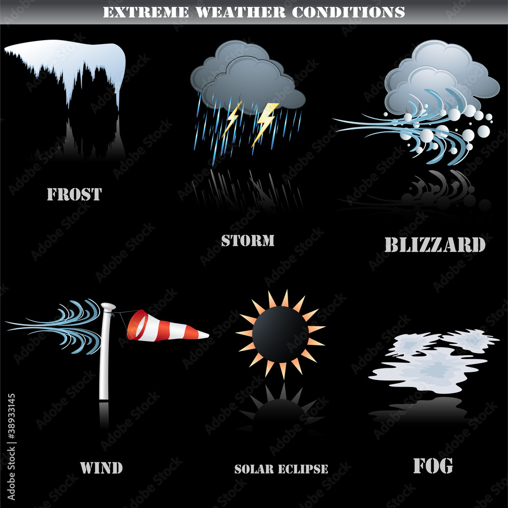 Sticker Extreme weather icon set on black background