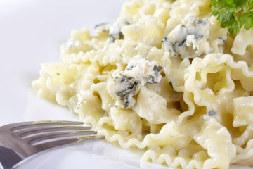 European cuisine. Pasta in cream sauce with blue cheese