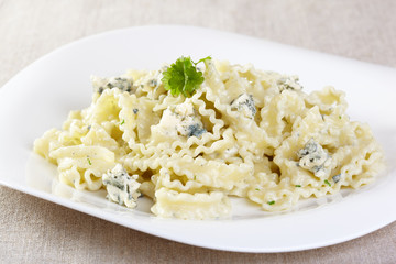 European cuisine. Pasta in cream sauce with blue cheese