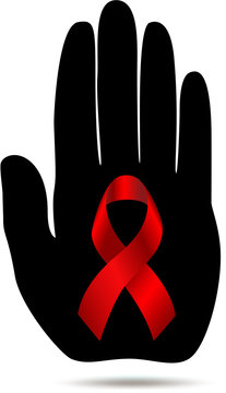 Red cancer ribbon on a black stop hand.