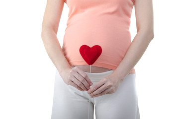 Young Mother holding a love shape on white background
