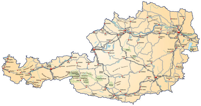 Landkarte von &Ouml;sterreich mit Verkehrsnetz in orange