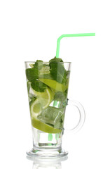 Glass of cocktail with lime and mint isolated on white