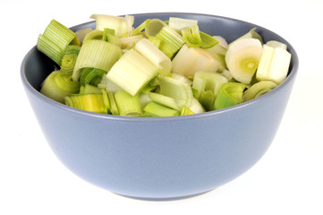 Bol de poireaux crus coupés