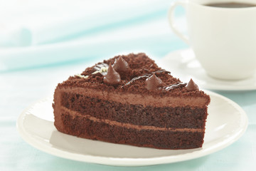 chocolate cake slice on white plate