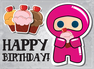 Happy birthday card with ninja character holding a cup cake