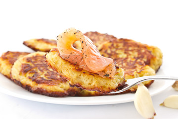 fried potato pancakes with salted salmon