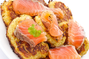 fried potato pancakes with salted salmon