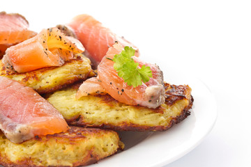 fried potato pancakes with salted salmon