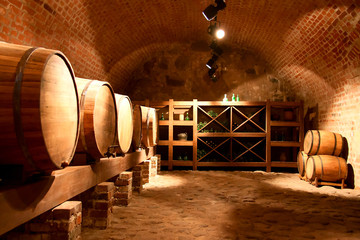 Wine barrels in a wine cellar