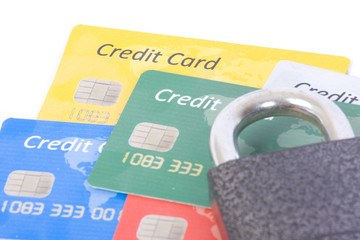Credit cards and lock, business security background