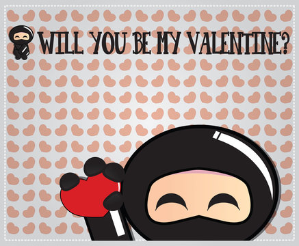 Valentine's day card with cute cartoon ninja