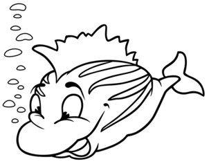 Fototapeta premium Striped Smiling Fish - Black and White Cartoon Illustration