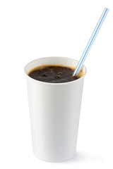 Disposable cup of cola fizzy drink with straw