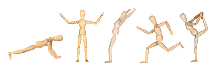 Jointed wooden mannequin doing different positions
