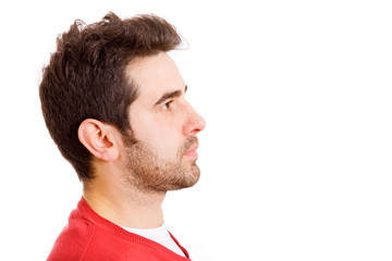 Man profile face over white background. Space to insert text.